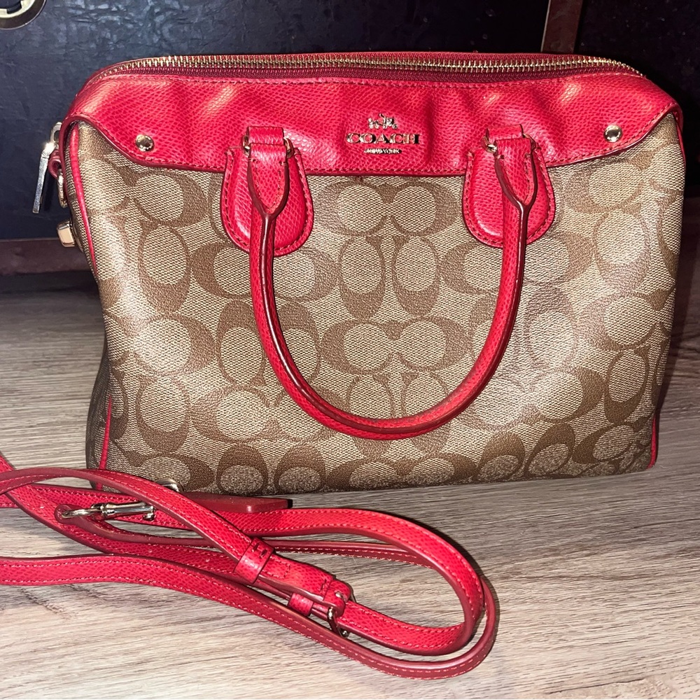 Coach Signature Coated Canvas Red Khaki Bennett Satchel Purse Crossbody